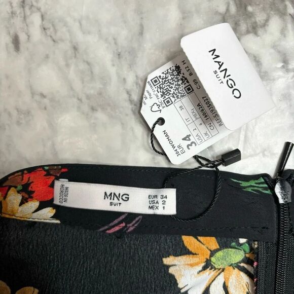 MANGO MNG Floral Print Black Yellow Midi skirt with Belt size 2 NWT New - Picture 4 of 9